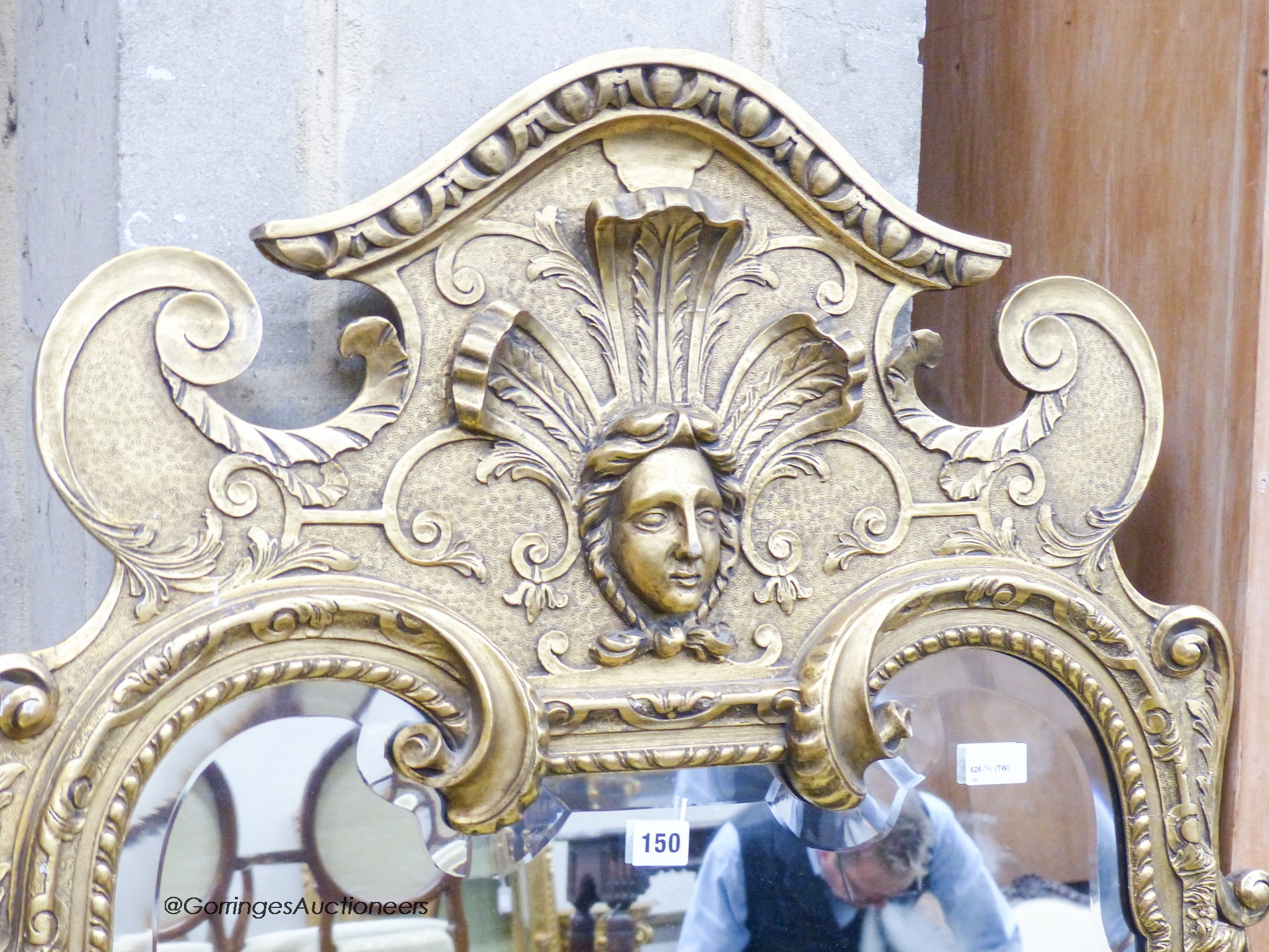 A George I style gilt composition wall mirror, having arched rectangular plate and shaped frame, width 75cm, height 154cm